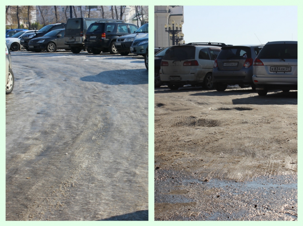 Парковка на площади Славы покрыта толстым слоем ледянного наката.